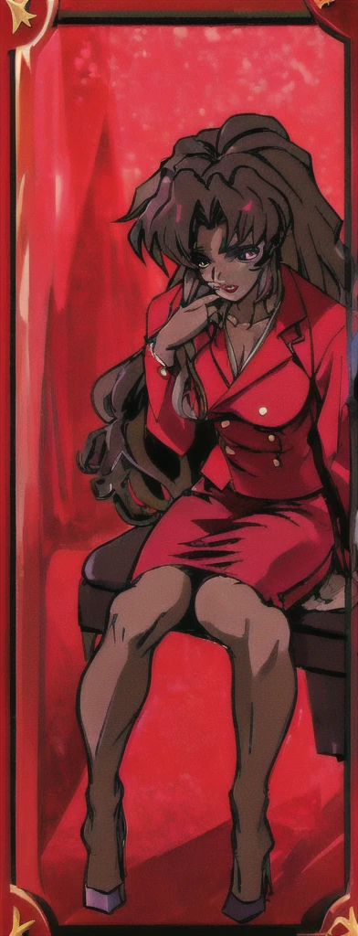 BLACK SKINNED BUSINESS WOMAN WEARING A BLOUSE WITH A RED SKIRT SUIT 90s ANIME ARTSTYLE WITH DARK
RED HEELS FULL BODY WEARING A SLIGHTLY LONG RED PENCIL SKIRT , MAKE ALL THE RED MATCH , SITTING