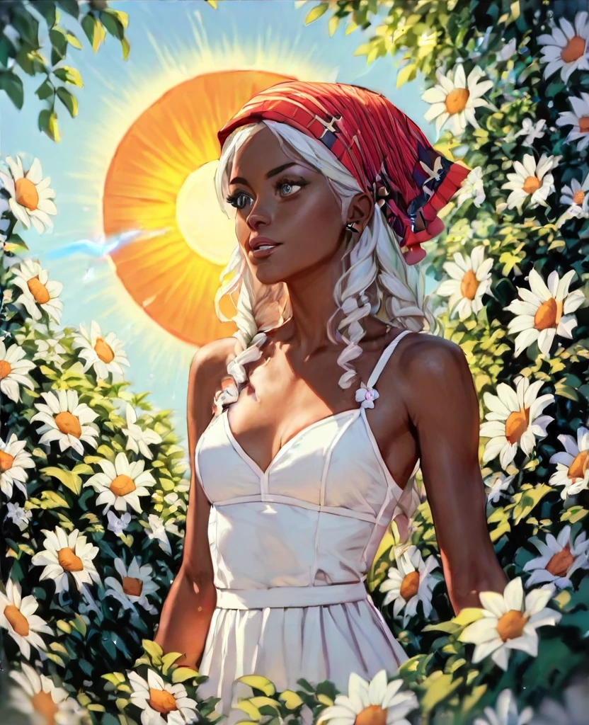 ((best quality)), ((masterpiece)), (detailed), 1girl, mixed race girl, African American + Caucasian girl with lighter skin, young woman, pretty, skinny, white hair, modern attire, modest, head scarf, long hair, hair tied in the back, sun dress, floral pattern