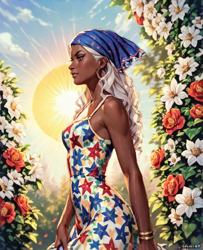 ((best quality)), ((masterpiece)), (detailed), 1girl, mixed race girl, African American + Caucasian girl with lighter skin, young woman, pretty, skinny, white hair, modern attire, modest, head scarf, long hair, hair tied in the back, sun dress, floral pattern