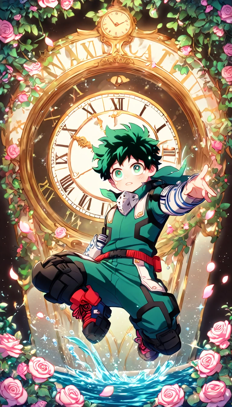 absurdres, highres, ultra detailed, HDR, masterpiece, extremely detailed, Midoriya Izuku, dark green hair, expressive green eyes, Boku No Hero Academia, solo, sexy man, handsome, sensual, water, dark green hero clothes, magical, fantasy, glittering, shining, pink roses, blossoms, petals, in woderland, clock, manly man