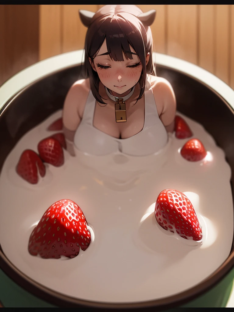 (Sumilux f1.4 50mm , low Latitude old color negative film , cross process , bokeh, flare, chromatic aberration , soft focus, (Shallow focus) , soft glow , Maximum aperture, low Key , Transparent depiction) , (coquettish Dairy cow bbw) , strawberrys , Kama Sutra , (hide with strawberry) , (hide with condense milk) , short camisole , in the condense Milk bath , Stimulate with strawberries , Blank look , Covered in condensed milk