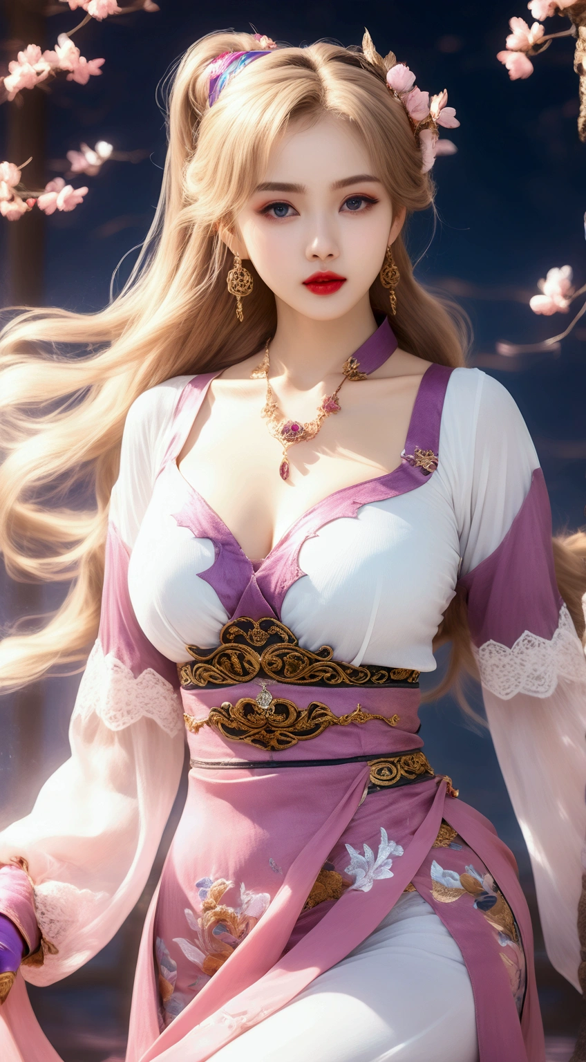 1 beautiful girl in Han costume, white thin purple silk shirt with a lot of texture, white lace top, long purple platinum ponytail, Hair Jewelry, ear jewelry, necklaces and necklaces, carefully drawn big purple eyes, makeup careful, thin eyebrows, high nose, beautiful red lips, no smile, pursed lips, rosy cheeks, plump breasts, big breasts, proportional breasts, slim waist, purple fishnet socks, chinese hanfu style, fictional art texture, colorful bright and realistic, RAW Photo, Realistic Photo, ultra high quality 8k surreal photo, (effective fantasy light effect: 1.8), 10x pixels, magical effect (Background): 1.8), ultradetailed eyes, close up shot, dynamic pose, leaning forward