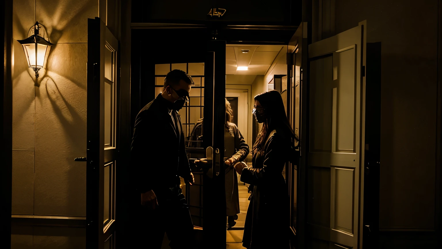 scary horror movie dr thompson, mark and emily barricading the doors at the town hall at night