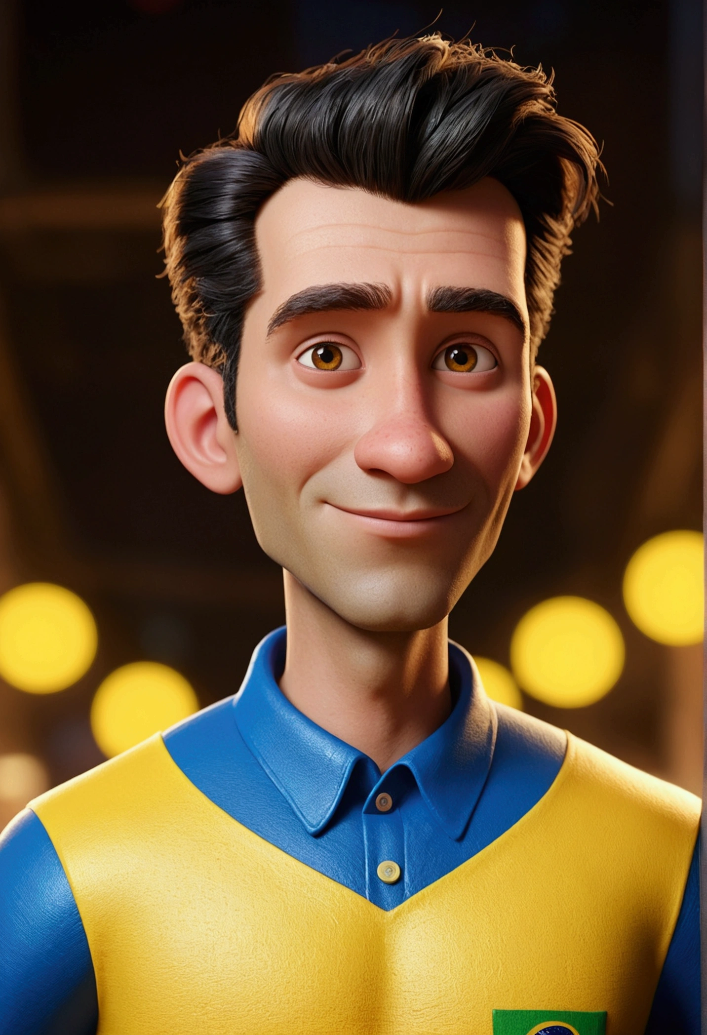 Cartoon character of a man in a yellow and blue blouse, animation character, stylized character, animation style rendering, 3d stylized, Arnold Maya rendering, Stylized 3D rendering, toon render screenshot, 3d character, 3d character, Stylized 3D rendering, 3D character rendering, cartoon character, Personagem de close up, character posing,  the background of the image must be of a city with the Brazilian flag (Pixar-style) (master part:1.2) (bokeh) (best qualityer) (skin detailed) (detailed texture) (8k) (Argilla) (cinematic lighting) (sharp focus