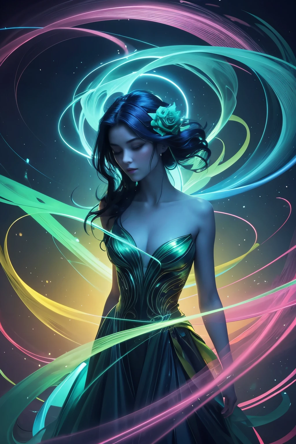 **Digital art image of a beautiful deep solid blue rose with a vibrant neon yellow green halo dynamically flowing around it. The style is a mix of realism and fantasy, with a soft, ethereal glow surrounding the rose. The background is an abstract mix of bright, swirling colors, including reds, greens, and pinks, adding to the dreamlike quality of the image. The overall composition is balanced, with the subject slightly off-center, creating a sense of movement and depth**