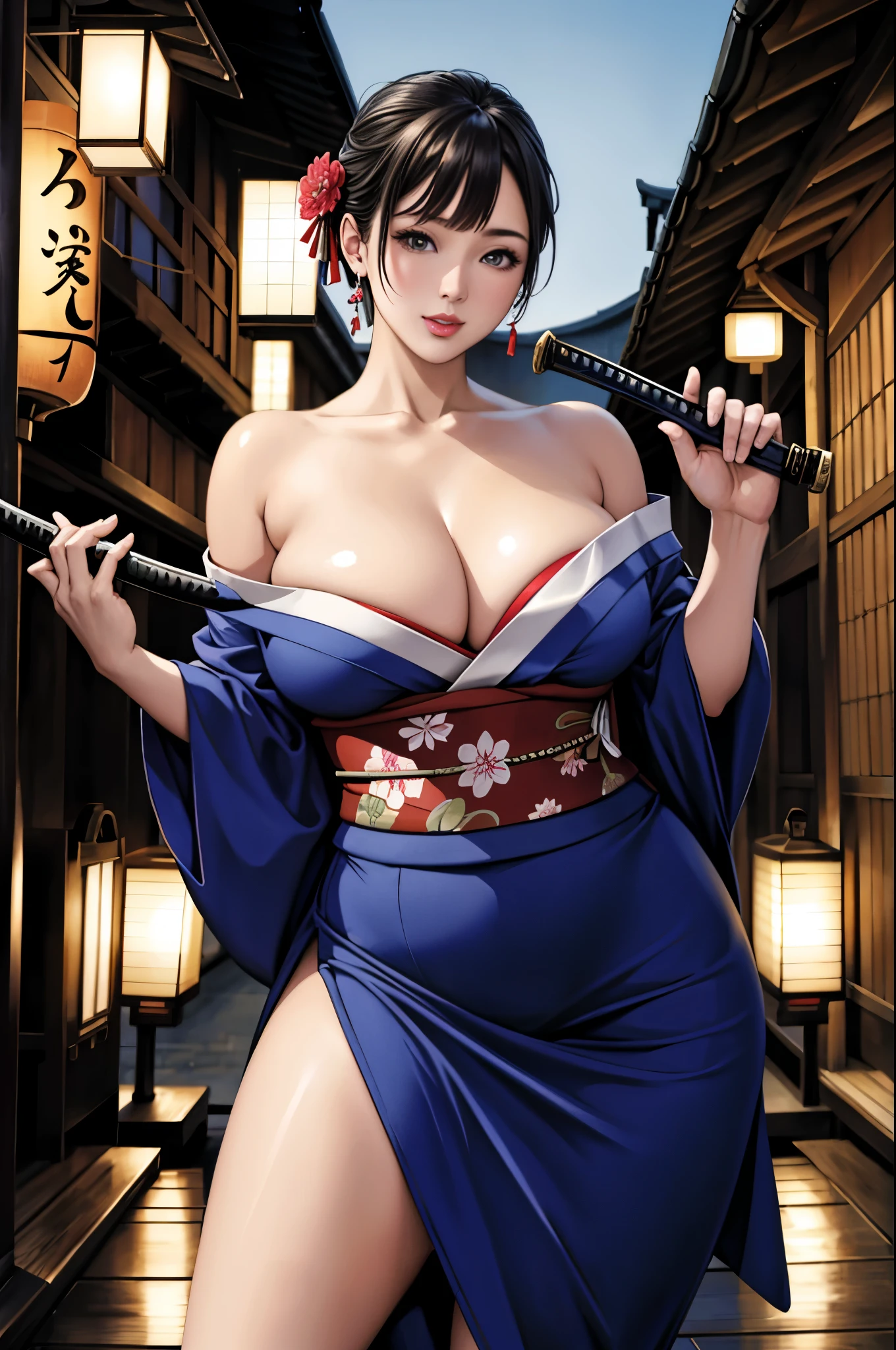 (Browsing Caution), (RAW Photos), (Realistic), (Photorealistic), Ultra-high resolution, masterpiece, Highest quality, Portraiture, facial Portraiture, Perfect lighting, Detailed lighting, Dramatic Shadows, Ray Tracing, Pure Eros Face_v1, Urzan-6500-v1.1, ((holding a Katana)), random sexy pose, cowboy shot, looking at viewer, ((wearing a sexy kimono)), ((in old Japanese street)), (((bare shoulders))), ((night)),