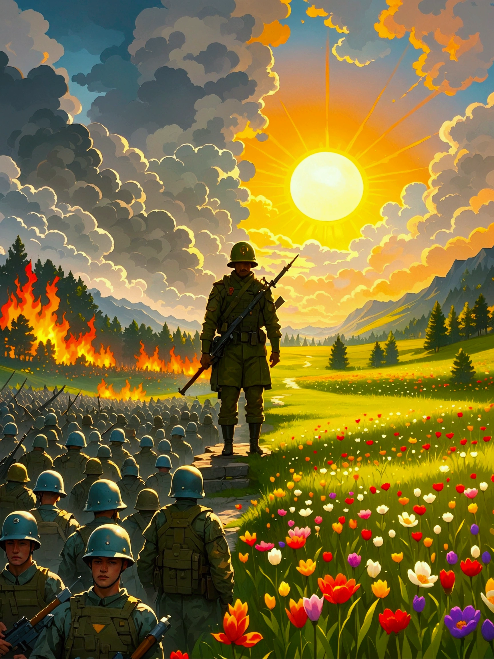 A balanced composition split into two halves, representing peace and war. On the left, illustrating peace: a calm, serene setting with doves flying against a clear blue sky. The backdrop contains lush green meadows and a pristine river flowing gently. On the right, illustrating war: the atmosphere is drastically different with a tumultuous, fiery landscape. There are silhouettes of soldiers with their weapons in the background, under a sky filled with smoke and distant explosions. Please render this in a realistic style.
