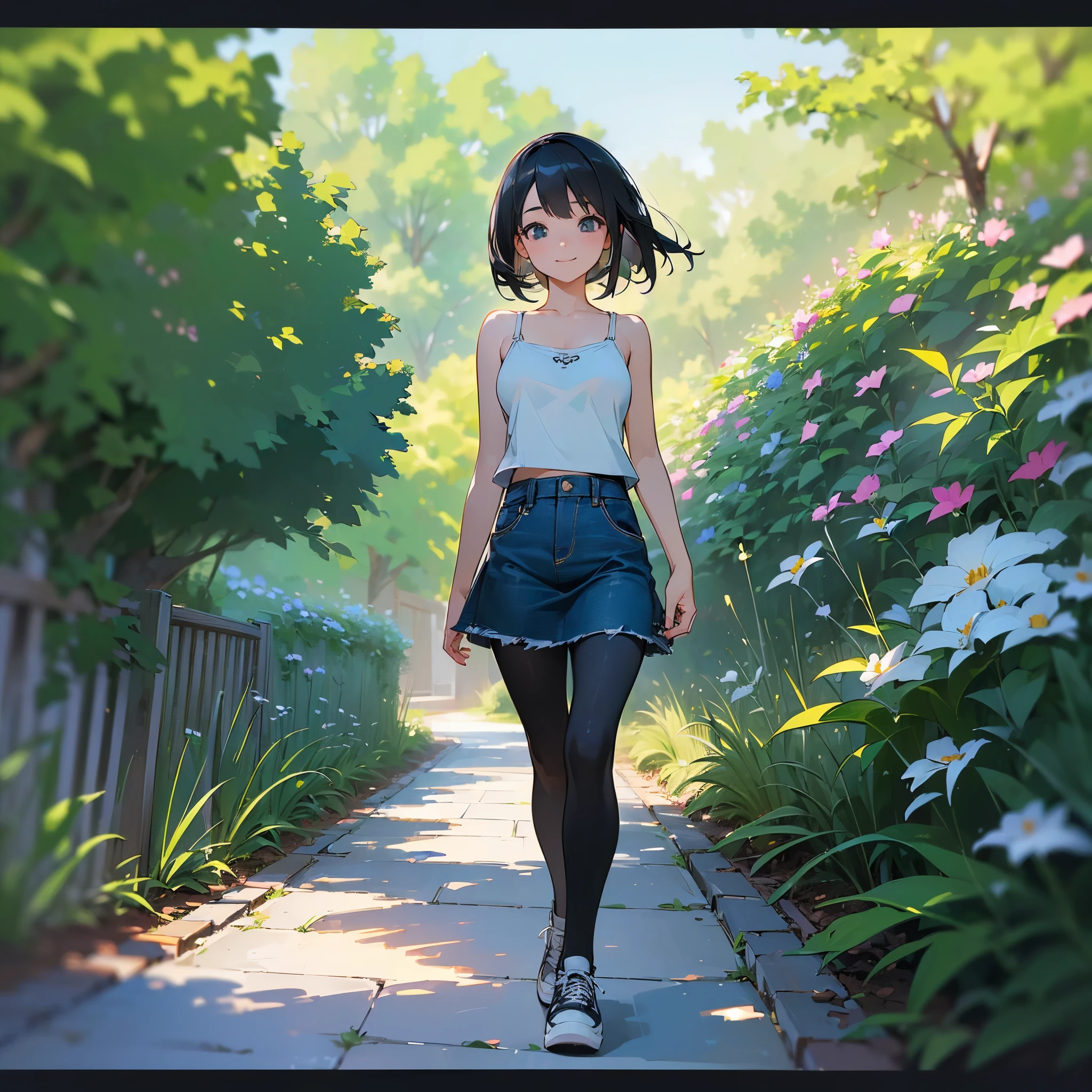 (high quality, High resolution, Very detailed, reality:1.37), Peaceful atmosphere, (Outdoor, garden),  girl standing alone, (my breasts are big.), Beautiful details, Cute Smile, (Black bob hair), camisole, Denim skirt, Black tights, sneakers.