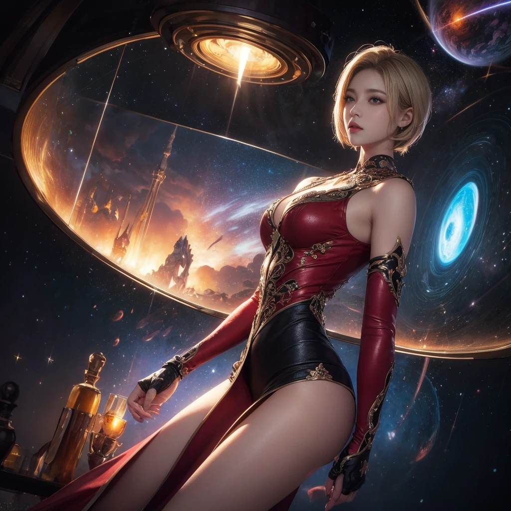 Highly detailed RAW color photo, young and beautiful woman, Short blonde hair, dynamic pose, (Broad Hips), (skin detailed), (Detailed lips), (detailedeyes), (cosmic: 1.4), (necropolis: 1.1), (science fiction scenario) (face detailed), (curved), Red clothing, detailedeyes, Chromatic aberration, Depth of field, iluminação Soft, work of art, best qualityer, intricate, (lens reflection: 0.7), (flowering: 0.7), particle effects, ray tracing, Tone-mapping, highy detailed, conceptual artwork, Soft, sharp focus, dramatic lighting, highy detailed art, cinematic, hyper-realisitic painting, trends on artstation, 8K, amazing shadows, realisitic, (highy detailed background: 1.2), art halfway through the trip