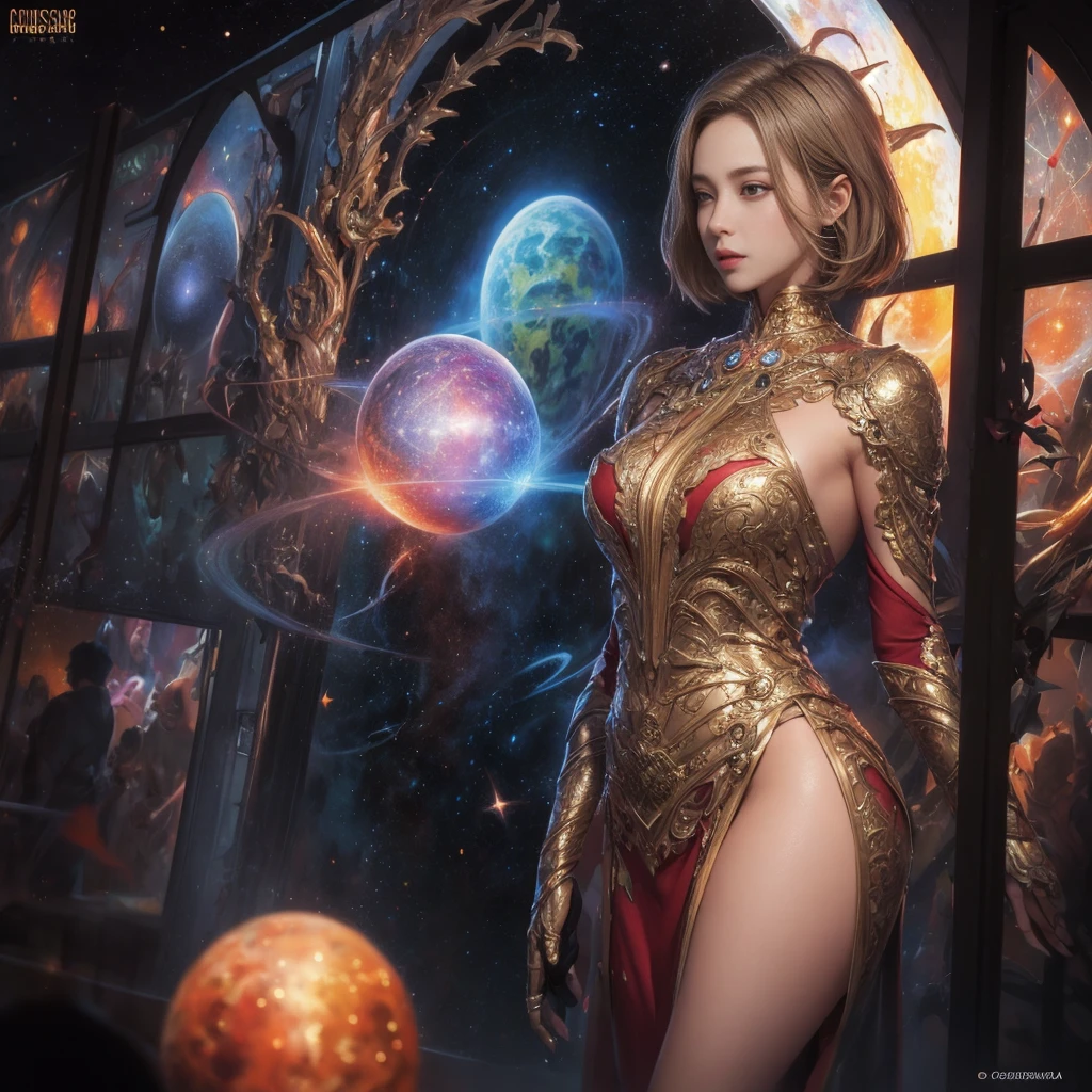 Highly detailed RAW color photo, young and beautiful woman, Short blonde hair, dynamic pose, (Broad Hips), (skin detailed), (Detailed lips), (detailedeyes), (cosmic: 1.4), (necropolis: 1.1), (science fiction scenario) (face detailed), (curved), Red clothing, detailedeyes, Chromatic aberration, Depth of field, iluminação Soft, work of art, best qualityer, intricate, (lens reflection: 0.7), (flowering: 0.7), particle effects, ray tracing, Tone-mapping, highy detailed, conceptual artwork, Soft, sharp focus, dramatic lighting, highy detailed art, cinematic, hyper-realisitic painting, trends on artstation, 8K, amazing shadows, realisitic, (highy detailed background: 1.2), art halfway through the trip