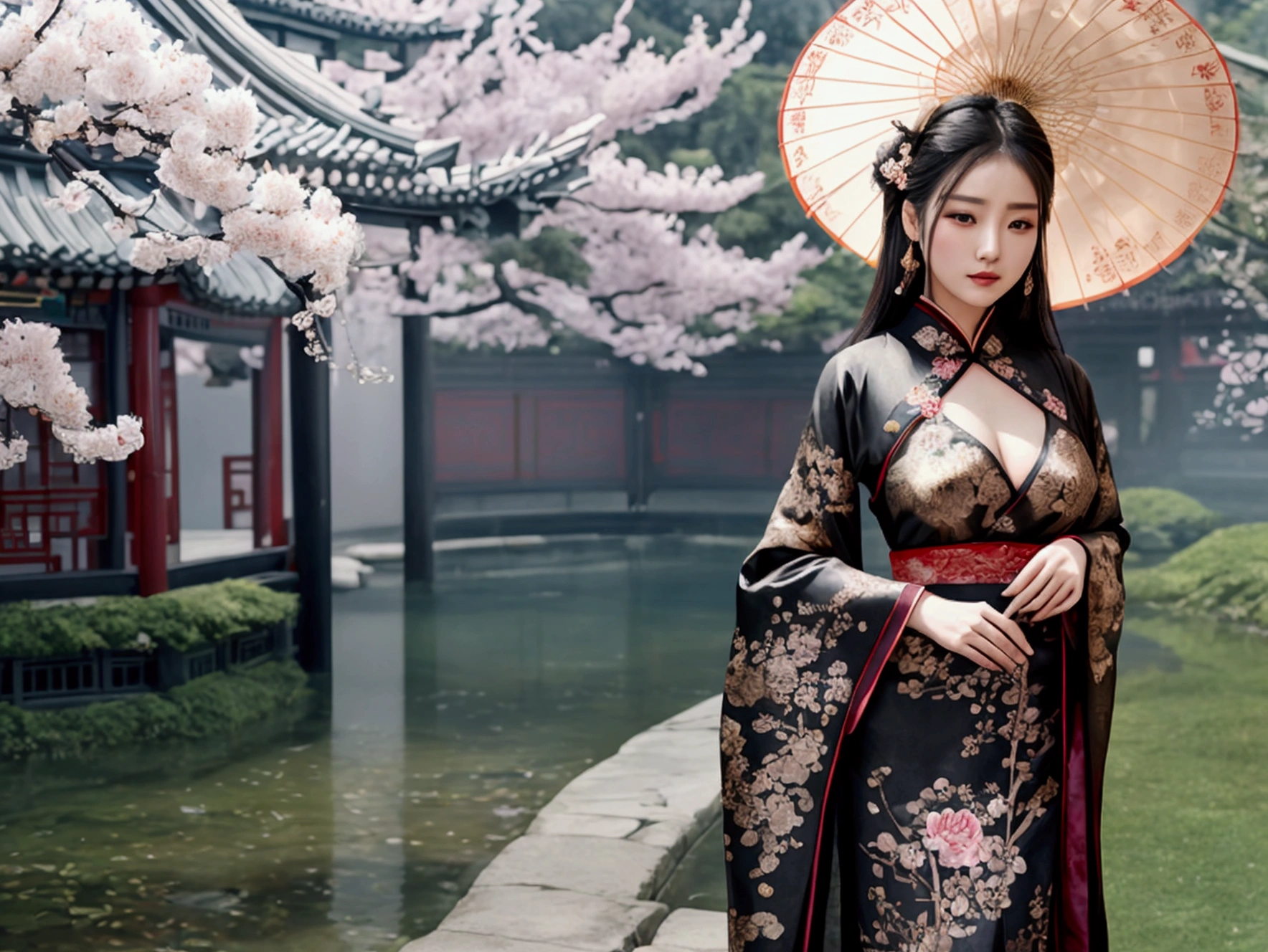 {A highly detailed and elegant illustration of a beautiful Chinese woman see nipple see pussy, doujin, porn, with dark hair adorned in intricate accessories. She holds a black parasol decorated with red blossoms, standing gracefully in front of a traditional Chinese pavilion surrounded by blooming cherry blossoms. Her attire is a luxurious black robe with golden embroidery, featuring intricate patterns of dragons and flowers. The background is serene and misty, adding a touch of mystery and tranquility to the scene. The composition captures her serene and graceful expression, highlighting the delicate details of her clothing and the ornate design of the parasol. --ar 16:9 --stylize 750 --v 6}