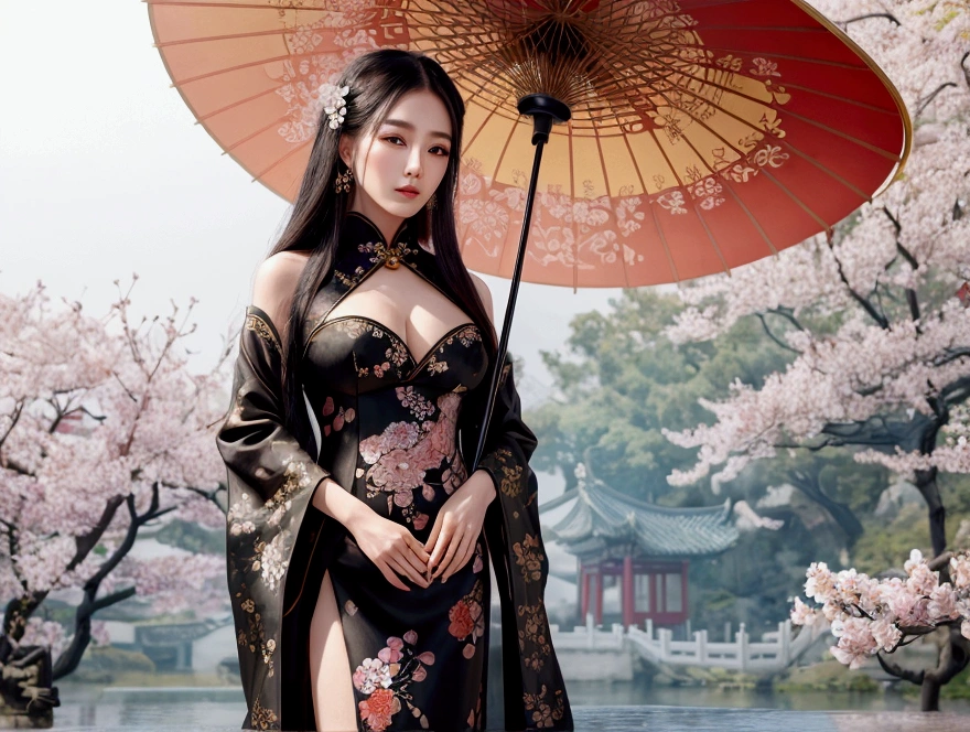 {A highly detailed and elegant illustration of a beautiful Chinese woman see nipple see pussy, doujin, porn, with dark hair adorned in intricate accessories. She holds a black parasol decorated with red blossoms, standing gracefully in front of a traditional Chinese pavilion surrounded by blooming cherry blossoms. Her attire is a luxurious black robe with golden embroidery, featuring intricate patterns of dragons and flowers. The background is serene and misty, adding a touch of mystery and tranquility to the scene. The composition captures her serene and graceful expression, highlighting the delicate details of her clothing and the ornate design of the parasol. --ar 16:9 --stylize 750 --v 6}
