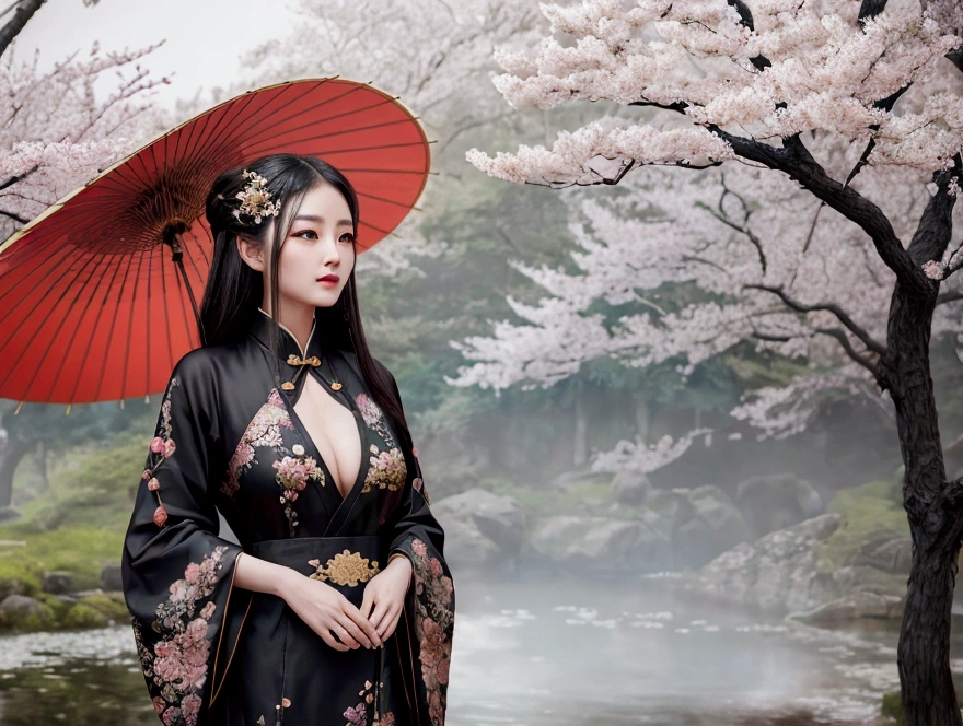 {A highly detailed and elegant illustration of a beautiful Chinese woman see nipple see pussy, doujin, porn, with dark hair adorned in intricate accessories. She holds a black parasol decorated with red blossoms, standing gracefully in front of a traditional Chinese pavilion surrounded by blooming cherry blossoms. Her attire is a luxurious black robe with golden embroidery, featuring intricate patterns of dragons and flowers. The background is serene and misty, adding a touch of mystery and tranquility to the scene. The composition captures her serene and graceful expression, highlighting the delicate details of her clothing and the ornate design of the parasol. --ar 16:9 --stylize 750 --v 6}