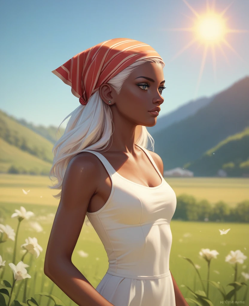 ((best quality)), ((masterpiece)), (detailed), 1girl, mixed race girl, African American + Caucasian girl with lighter skin, young woman, pretty, skinny, white hair, modern attire, modest, head scarf, long hair, hair tied in the back, sun dress (not white)