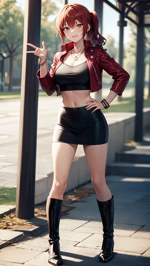 masterpiece, best quality, high detail, 1girl, beautiful woman, wavy hair, light brown hair, low ponytail, messy hair, hair ornament, large bust, red leather jacket, crop top, black maxi pencil skirt, long black skirt:1.3, leather boots, midriff, necklace, bracelet, collarbone, autumn, trees, leaves on ground, park, garden, stone, sidewalk, full body, looking at viewer, hand on hip, raised hip, stylish pose, dynamic pose, light smile, atmospheric, moody