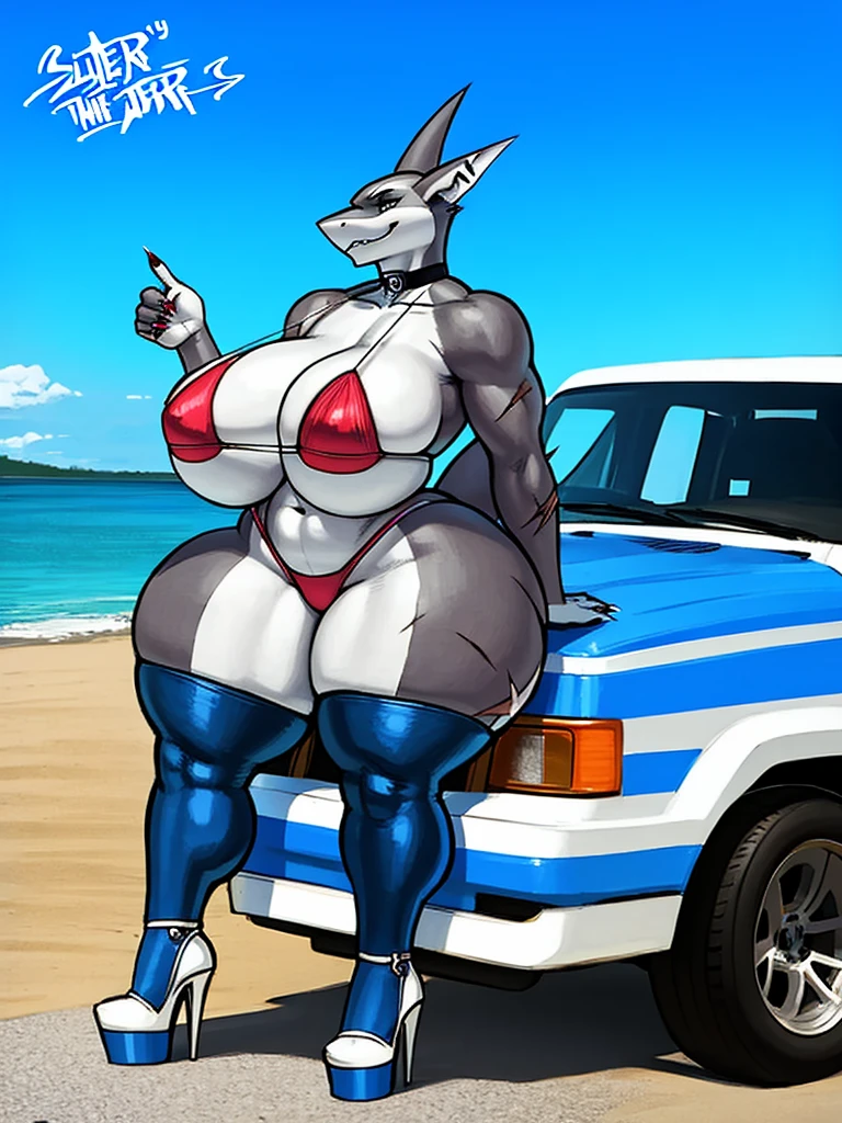 by sligarthetiger, sligarthetiger (large breasts) (wide hips) (thick thighs) (big butt) furry, anthro, shark, white high heels, best quality, illustration, tail, truck, car meet, slingshot bikini, white inner ear, white thigh high heels, smirk, choker, toes, beach, platform heels, wink, claws, scars, scar, scar on face, thigh squish
