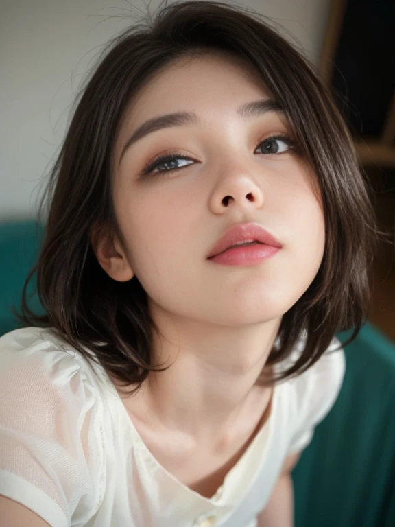 masterpiece, Highest quality, Very detailed, Film Photography, Very delicate and beautiful ,High resolution, 1 girl, Age 25, beautiful girl , Japanese Girls, Small breasts,Close-up face,((No makeup)), ((Night room))、((Pitch-dark room)), ((look up:1.2 )), (A face waiting for a kiss:1.6), (Half closed eyes:1.0), (Sticking out tongue:1.0), (Open your mouth:0.8) ,(View your viewers:1.6), From above, breast focus, (( see through blouse shirt, Aqua Long Skirt)),Embarrassed face,Excited, ((Fuller lips),{{Fewer moles}},(Natural Skin), (Wavy Hair),(short hair), (Detailed eyes),(Detailed facial features), (Detailed Weapons),(Detailed fingers),(Detailed feet),Soft Focus, Moonlight,Selfie、Wet lips、Red lips、