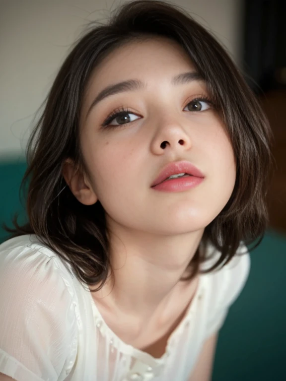 masterpiece, Highest quality, Very detailed, Film Photography, Very delicate and beautiful ,High resolution, 1 girl, Age 25, beautiful girl , Japanese Girls, Small breasts,Close-up face,((No makeup)), ((Night room))、((Pitch-dark room)), ((look up:1.2 )), (A face waiting for a kiss:1.6), (Half closed eyes:1.0), (Sticking out tongue:1.0), (Open your mouth:0.8) ,(View your viewers:1.6), From above, breast focus, (( see through blouse shirt, Aqua Long Skirt)),Embarrassed face,Excited, ((Fuller lips),{{Fewer moles}},(Natural Skin), (Wavy Hair),(short hair), (Detailed eyes),(Detailed facial features), (Detailed Weapons),(Detailed fingers),(Detailed feet),Soft Focus, Moonlight,Selfie、Wet lips、Red lips、