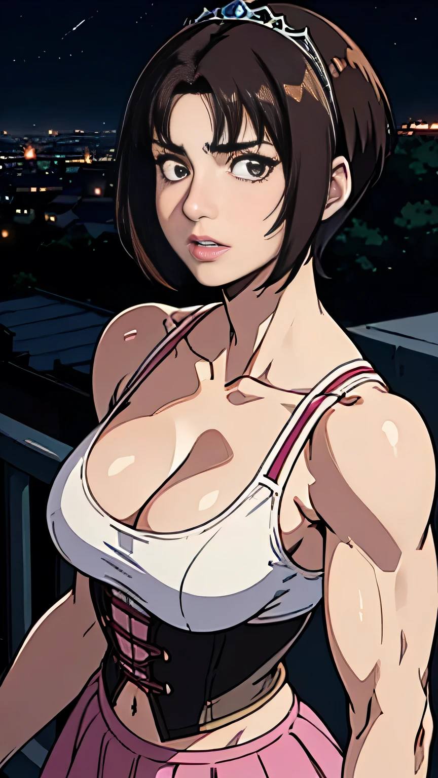 photo of mlp Meowko, RAW, beautiful woman, ((portrait)), ((detailed face:1.2)), ((anime face, anime facial feature, clear skin, glossy anime lips, clear skin), (short messy lesbian haircut, brunette: 1.55), (perfect proportioned body, Strong, muscular, narrow waist, narrow hips, skinny, large breasts, cleavage), arched back, (revealing clothes, wearing wearing pink corset, pink skirt, tiara), (city balcony, midnight city, stary sky), (realistic photo, best quality, detailed), (8k wallpaper), (cinematic lighting, beautiful light, (night:1.3)) (sharp focus, intricate)