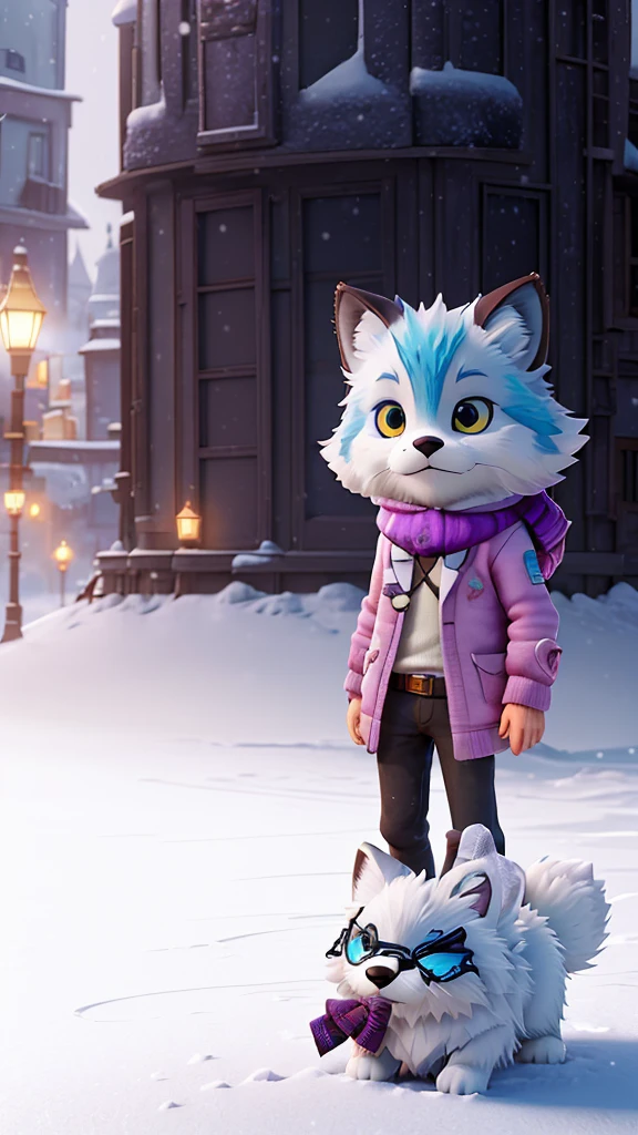 Style-NebMagic, portrait of Ismail Inceoglu, Gazelli, James jean, Anton Fadeev and Yoshitaka Amano, a fluffy cute Arctic fox wearing a Style-SylvaMagic scarf in the snow, very detailed, 8k resolution, digital art, trending on artstation, Vibrant Colours, Chibi style, masterpiece, adorable friendly lovely