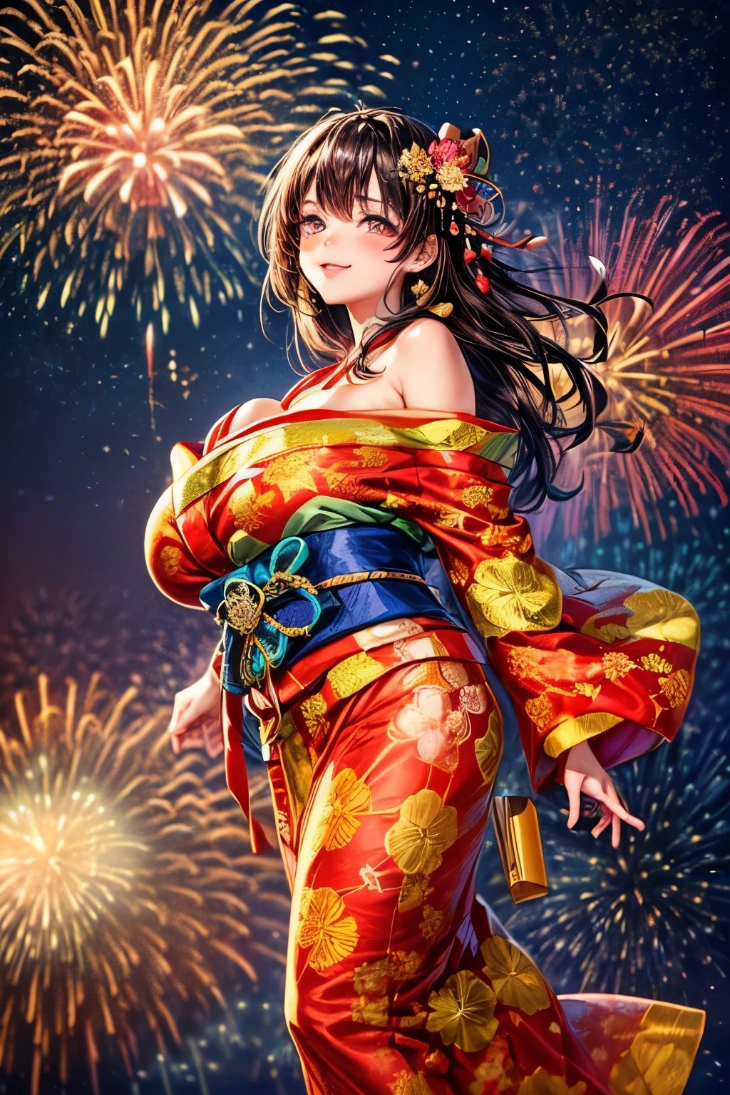 {worst quality, low-quality}, ((a closeup)), (girl with:1.2), (Big breasts), (A dark-haired, short-cut:1.3), plump shiny lips, Beautiful clear eyes, (The best smile), Spoken Heart, (perfect hand:1.2), (firework theme:1.4), (Japanese courtesan girl with:1.3), (Comes with maxi length  red kimono [yellow] Obi:1.4), (Highly detailed and colorful embroidery and fancy firework patterns :1.3), (off shoulders:1.4), (geta:1.2), (Fancy hair ornaments:1.3), ((super huge ribbon:1.2) in front of the waist:1.3), low angle shot, (dazzling fireworks light1.4), (beautiful fireworks background:1.2), masutepiece,Best Quality,ultra-detailliert, ​masterpiece,