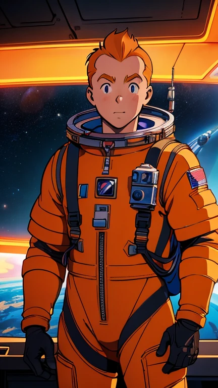 (Teens:1man: Tintin), (extremely detailed CG unit 8k wallpaper),(master part), (best quality), (ultra detali), (best illustration),(style of a 1990s anime), cowboy shot, (Sharp eyeliner, ombre, detailed eyes:1),Dark space station interiors background, ,break , (astronaut in an orange space suit), upper body, short hair, orange hair