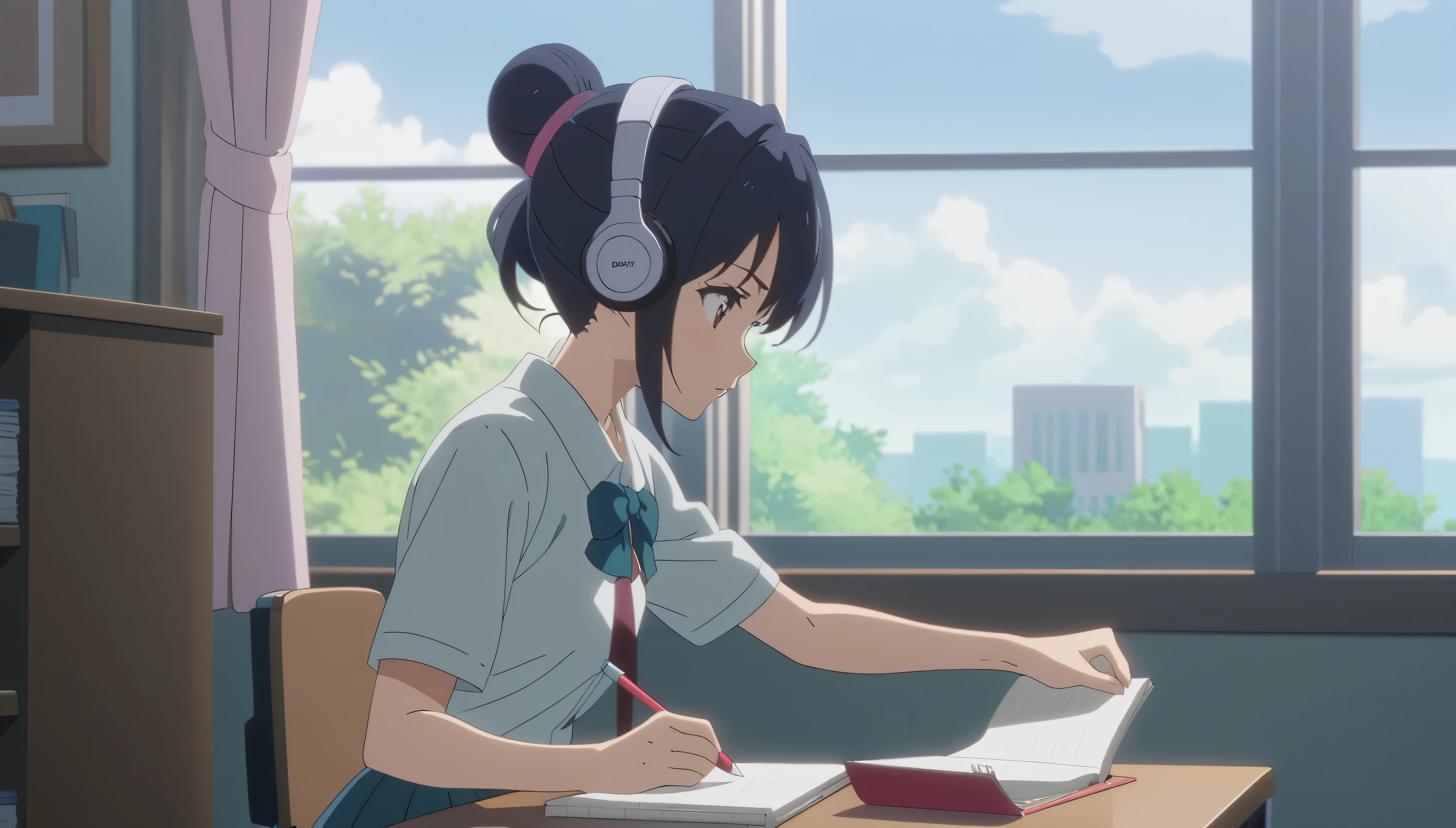 Anime girl sitting at a desk writing with headphones in a room at night,Anime scene of a girl sitting at a desk and writing in a notebook, yourname movie style, yourname, Anime movie stills, Anime movie screenshots, Anime movie screenshots, Makoto Shinkai style, Studio Greeble Makoto Shinkai, Today's featured anime is still, Anime still film Anime colored paper, A still from the anime, Scenes from animated movies、8K