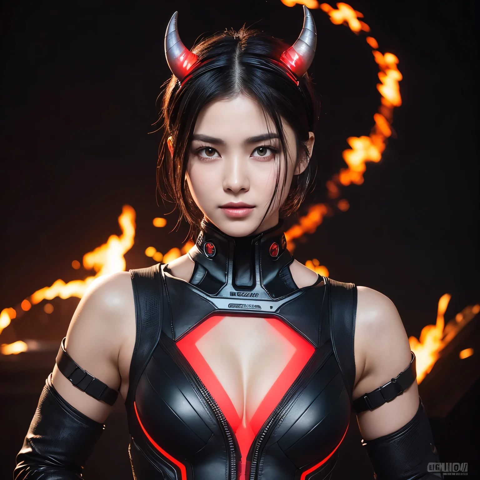 (Highest quality:1.2),(On the rubble of a collapsing city),(Perfect Beautiful Face 1.2, Cool look, Thick eyebrows, Strong-willed eyes, Invincible smile),(Perfect and beautiful posture:1.2),((Android female warrior)), (((muscle)), (Short black hair),Clear Eyes,((Burning heart logo, Red accent on black background:1.2, Cyber Suit, Horned Headgear, Shoulders are exposed))
