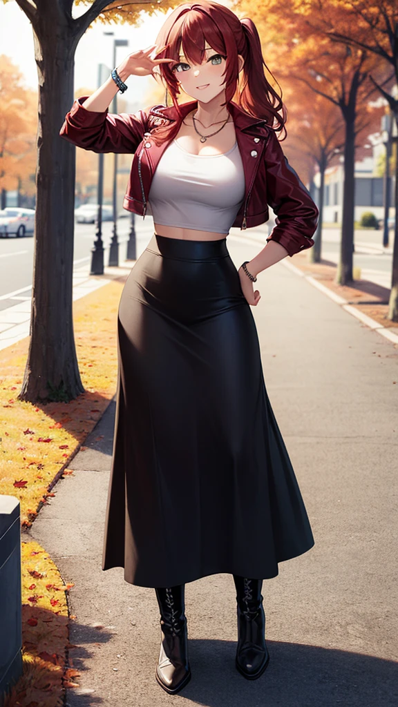 masterpiece, best quality, high detail, 1girl, beautiful woman, wavy hair, light brown hair, low ponytail, messy hair, hair ornament, large bust, red leather jacket, crop top, black maxi pencil skirt, long black skirt:1.3, leather boots, midriff, necklace, bracelet, collarbone, autumn, trees, leaves on ground, park, garden, stone, sidewalk, full body, looking at viewer, hand on hip, hand on head, raised hip, walking, stylish pose, dynamic pose, light smile, atmospheric, moody