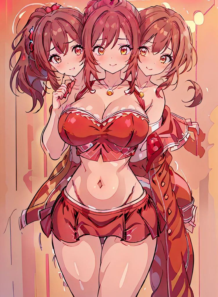(16K), ((three headed woman)), smiling, highres, masterpiece, ((brown hair)), cleavage, large breasts, ((scarlet dress:1.5)), lustrous and smooth skin, (mature woman), seductive silhouette, ((crop top)), sexy proportions, Beautiful girl with accentuated slender abs, seductive woman, ((party background)), necklace, scarlet miniskirt, miniskirt, open belly, exposed midriff, strapless, sleeveless, yellow eyes, beautiful eyes, ((long bushy ponytail)), ((gala)), cowboy shots, very big tits, huge tits, open belly, exposed midriff