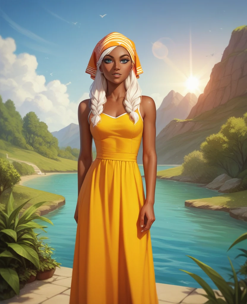 ((best quality)), ((masterpiece)), (detailed), 1girl, mixed race girl, African American + Caucasian girl with lighter skin, young woman, pretty, skinny, white hair, modern attire, modest, head scarf, long hair, hair tied in the back, sun dress (not white)
