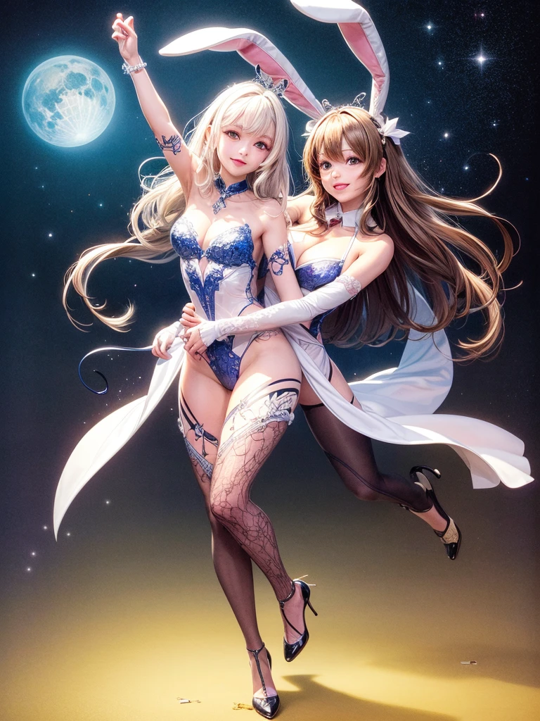 dancing_on_moon,perfect_quality,perfect_anatomy,bunnygirl_costume,high_leg,full_body,smile,starlight,stary_sky,long_bronde_hair,beautiful_hair,yellow_eyes,beautiful_eyes,1_beautiful_girl,(fullbody,Body painting),cute_face,beautiful_face,beautiful,best_quality,good_anatomy,