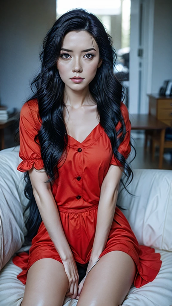 Lili a woman with long, wavy black hair, big eyes, makeup wearing a Brazilian national team shirt sitting on the sofa