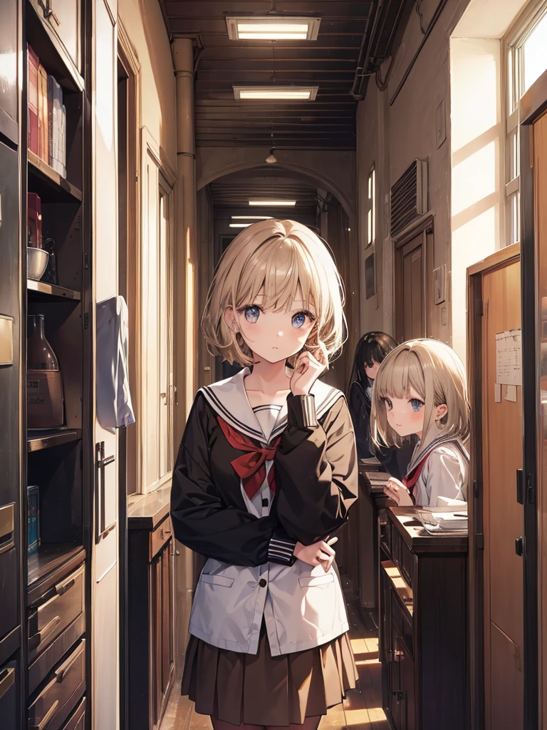 five girls, school, class, (black hair), blond, (((light brown))), standing, silver, short, long, face, monster