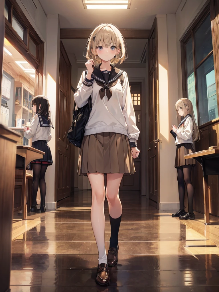 five girls, school, class, (black hair), blond, (((light brown))), standing, silver, short, long, face, monster