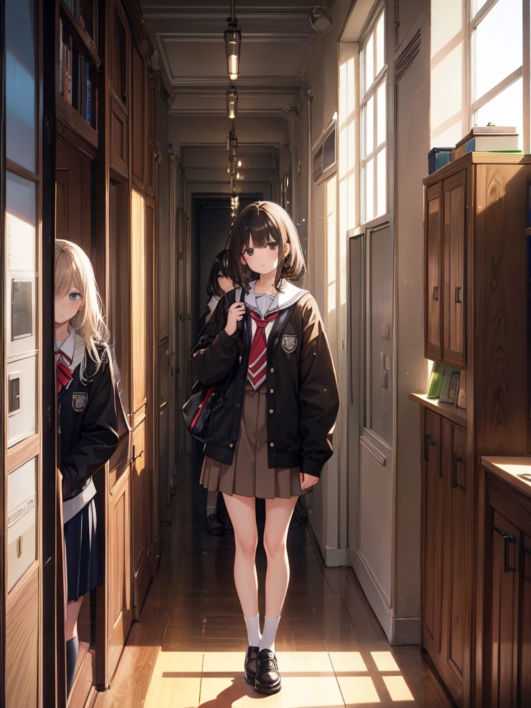 five girls, school, class, (black hair), blond, (((light brown))), standing, silver, short, long, face, monster