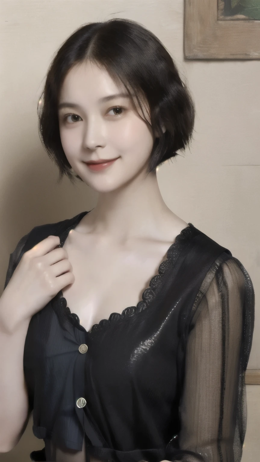 265 20-year-old female,(short hair),((chest:1.5)),Old-fashioned smile,(Leonardo da Vinci'sTshirt)
