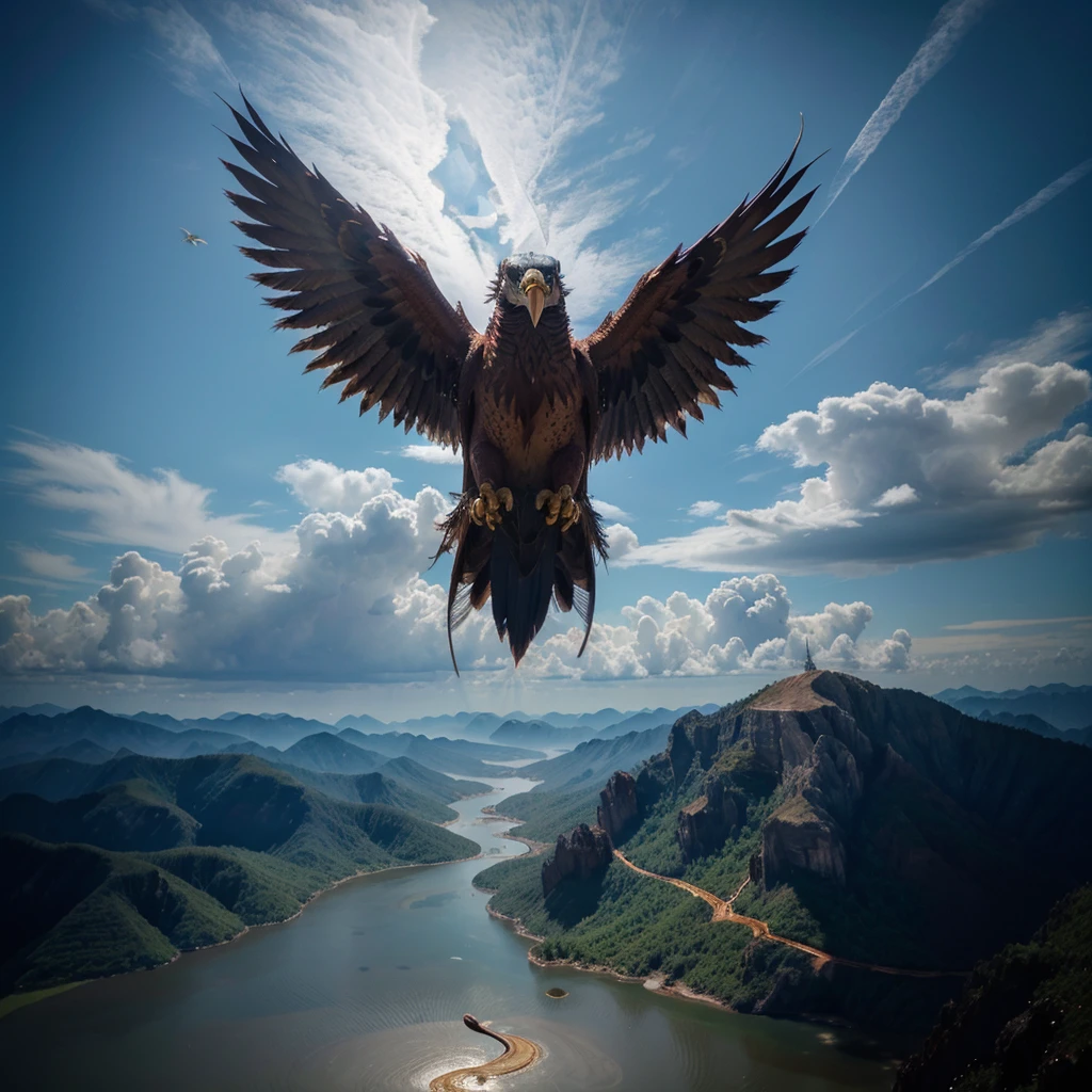 Extremely realistic In the midst of epic battle between Strong Thai Garuda breeding animals have arms like a person Red eagle‘s beak, very long wings, folded wings He can fly hero moves, against a Thai Naga King There are blue onyx scales mixed with gold, Naga emerges. almost piercing the surface. The view is directly overhead. Taken from a high-altitude perspective, this is a satellite image of a huge spiral cyclone, HD National Geographic style.