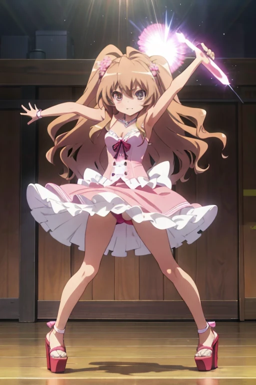 Taiga_Aisaka wearing sexy Brazilian carnival outfit and pink sexy platform open high heels posing front view