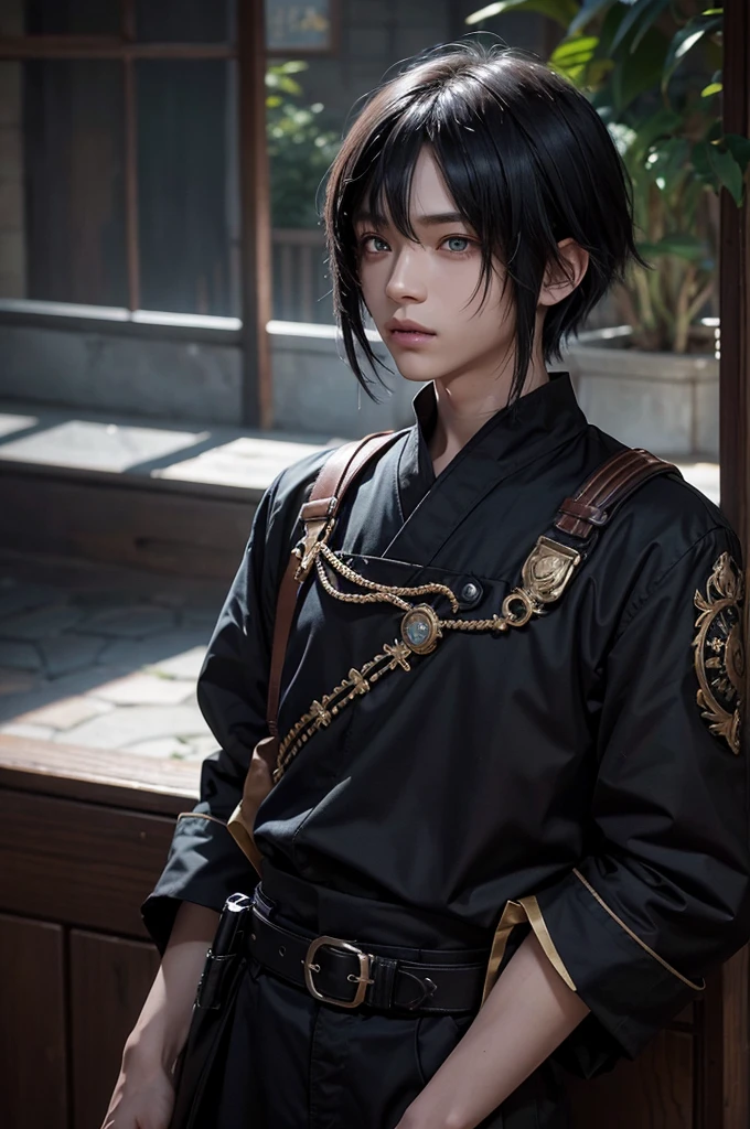 an eighteen year old Japanese, have fair skin, His eyes are blue and his hair is in an emo style with bangs covering part of his eye on the left side., one eye covered by bangs, the young man is six feet tall and two centimeters tall. captured in an ultra-realistic full HD 4K portrait, detailed texture showing its menacing shape, Immersive atmosphere, high definition shadow play, digitalpainting, nevoa no environment.