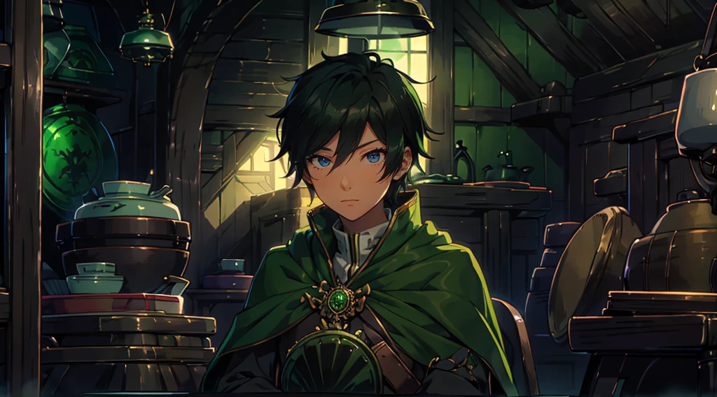 yuichiro hyakuya, (WithoutFear:1), 1 boy, black hair, green eyes, brown coat, gray armor, green shield, green cloak, dark brown gloves, town, white fur trim, tall, anime, standing, good quality, portrait, looking at viewer