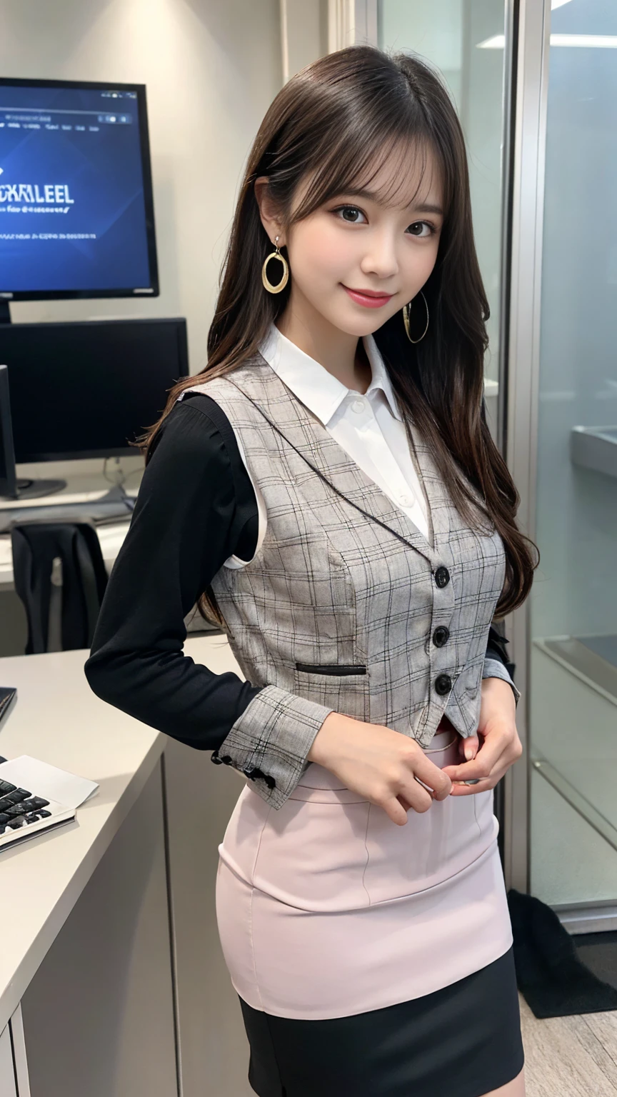 1 girl, Panty shot, Long brown hair, office lady, Wearing a pink plaid vest, White short sleeve shirt, Grey pencil skirt, Wear stiletto heels, necklace, Earrings, Too big, Cute Face, smile, blush, Shyness, Glass Wall, Super detailed, Realistic, Front view, whole body,  (Wearing [[White and grey check pattern]] A vest worn over a white-collared long-sleeved shirt:1.4), (Grey buttoned vest:1.2), (Pink Theme:1.2), (blue ribbon ribbon:1.3), (Black Theme:1.4), (tight black pencil skirt:1.5), (Brown pantyhose), (High heels:1.1),transaction machine, Office chair,Lullabre Unity 8K Wallpaper, Beautiful background, clearly, Highest quality, Highest Resolution, Best aesthetics,Highly detailed CG Unity 8k,