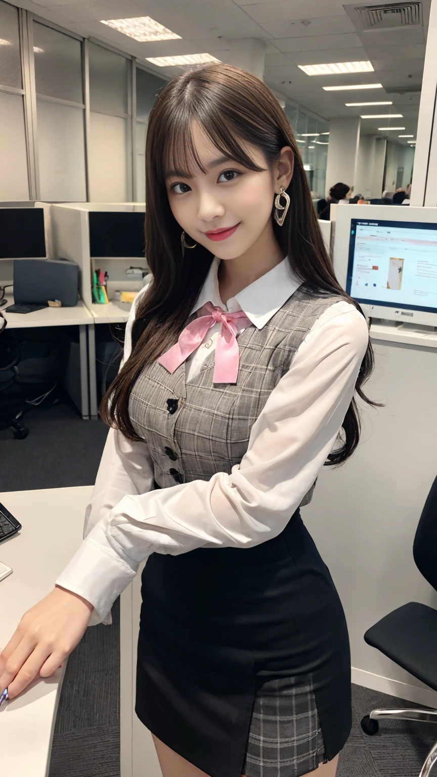 1 girl, Panty shot, Long brown hair, office lady, Wearing a pink plaid vest, White short sleeve shirt, Grey pencil skirt, Wear stiletto heels, necklace, Earrings, Too big, Cute Face, smile, blush, Shyness, Glass Wall, Super detailed, Realistic, Front view, whole body,  (Wearing [[White and grey check pattern]] A vest worn over a white-collared long-sleeved shirt:1.4), (Grey buttoned vest:1.2), (Pink Theme:1.2), (blue ribbon ribbon:1.3), (Black Theme:1.4), (tight black pencil skirt:1.5), (Brown pantyhose), (High heels:1.1),transaction machine, Office chair,Lullabre Unity 8K Wallpaper, Beautiful background, clearly, Highest quality, Highest Resolution, Best aesthetics,Highly detailed CG Unity 8k,