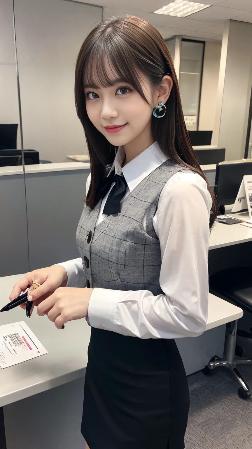 1 girl, Panty shot, Long brown hair, office lady, Wearing a pink plaid vest, White short sleeve shirt, Grey pencil skirt, Wear stiletto heels, necklace, Earrings, Too big, Cute Face, smile, blush, Shyness, Glass Wall, Super detailed, Realistic, Front view, whole body,  (Wearing [[White and grey check pattern]] A vest worn over a white-collared long-sleeved shirt:1.4), (Grey buttoned vest:1.2), (Pink Theme:1.2), (blue ribbon ribbon:1.3), (Black Theme:1.4), (tight black pencil skirt:1.5), (Brown pantyhose), (High heels:1.1),transaction machine, Office chair,Lullabre Unity 8K Wallpaper, Beautiful background, clearly, Highest quality, Highest Resolution, Best aesthetics,Highly detailed CG Unity 8k,