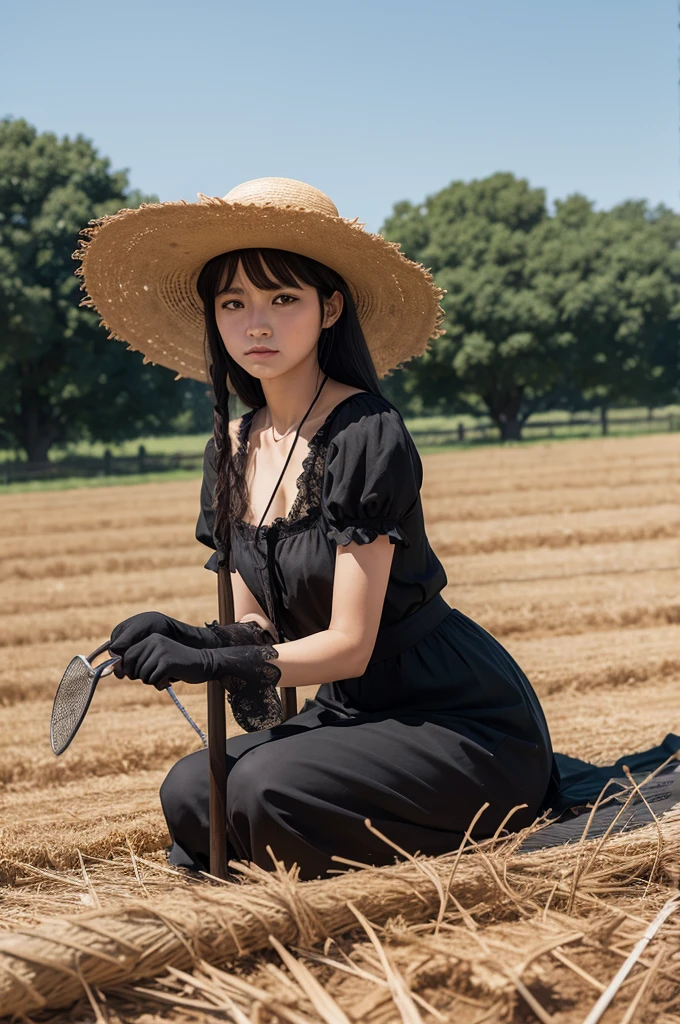 Sad black cat with straw hat and hoe working in the field