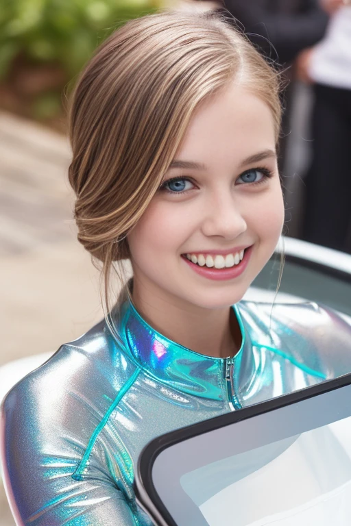 Arroz Angourie, angelic very beautiful cute girl,the 11, beautiful detailed eyes, Detailed double eyelids, (large eyes:1.4), long straight brown hair, see-through bangs, sharp focus,small straight nose, Beautiful face and detailed eyes, droopy eyes, (soft saturation: 1.3), (White skin: 1.2),BREAK (Super shiny metallic turquoise tight mini skirt :1.3), ( Shoulder Hole Long Sleeve Tops, holographic, transparent, super bright white, in fashion:1.4) , (super shiny pantyhose:1.3) ,(suit with strong reflective surfaces:1.5), (smile:1.5),walking, Costume lighting, on the street , (Brown hair:1.3)
