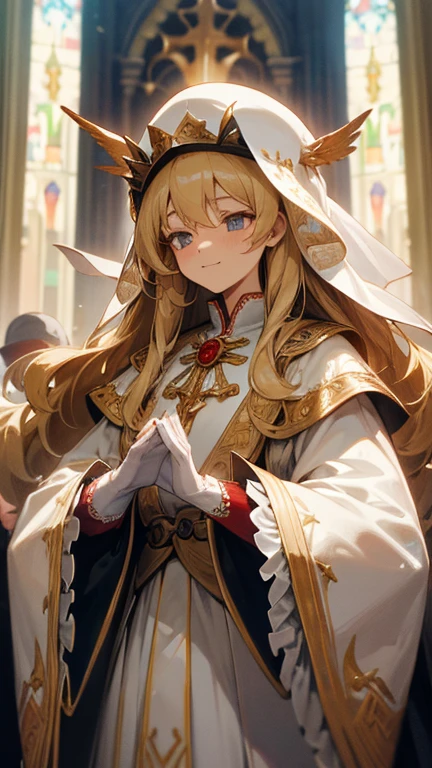 In front of the altar of a majestic church、casting judgement with magic, her voice echoing beautifully. Magic gathers around her, enveloping her in a holy aura as she chants girl with long silver hair, Classic White Wedding Dresses、long white embroidered gloves, pope's clothing and hat, blonde hair, , ceremonial robes, mass vestments, , enormous puffy sleeves, long cuffs with many buttons, golden embroidery, cross details, Long Train, lots of frills and lace, red capes, gently reaches out to you, gentle smile