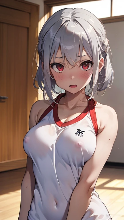 mastute piece,Best Quality,insanely detailed,8k cg,nsfw,
(shoot upper body:1.3),
(1girls:1.3),standing,looking at viewr,body in front,(arms behind back:1.4),(badminton-uniform:1.3),(bare breasts:1.2),(bare nipples:1.2),
break,
blush,shy,(ecstasy face),(trembling:1.2),break,(light silver hair:1.3),
break,
perfect breasts,perfect teats,(open mouth:0.9),(large breasts:1.2),
(badminton-court),
