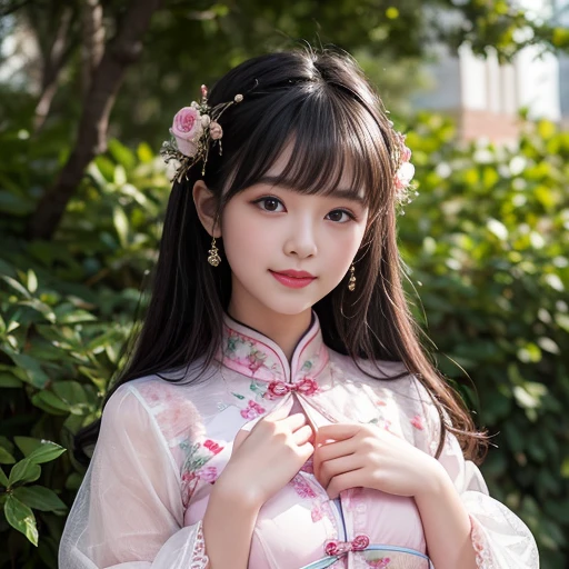 best quality, Delicate face,beautiful visual work, lifelike, eternity, black hair, Long curly hair, blunt bangs, Smile, 在flower园里, flower, Detailed Background, Delicate face,pink blush,cold,((masterpiece))、(top quality)、8k、high detail、Super detailed,21 years old female,Wearing Chinese cheongsam、Seductive and whimsical style、masterpiece、born、Scenes resembling fairy tale illustrations、intricate details和複雜的設計、Beautifully、magic、capricious、 Beautifully、Dream aesthetics、「𝓡𝓸𝓶𝓪𝓷𝓽𝓲𝓬、ethereal、charming、fickle、magic」、realism、Visual effects、FXAA、SSAO、Shader、voiceless、ambient lighting、Tone mapping、High resolution、Ultra high quality、Million pixels、(8K resolution:1.10)、8k、8k以下、8K resolution、high detail、intricate details, (high quality:1.2、masterpiece:1.2、:1.21)、(21 years old female:1.21)、(興奮地Smile)、(Surrounded by a dreamy atmosphere、Model diagram,full-body shot,Normal 2 feet,Don't show your fingers,Japanese folding fan held open in front of chest