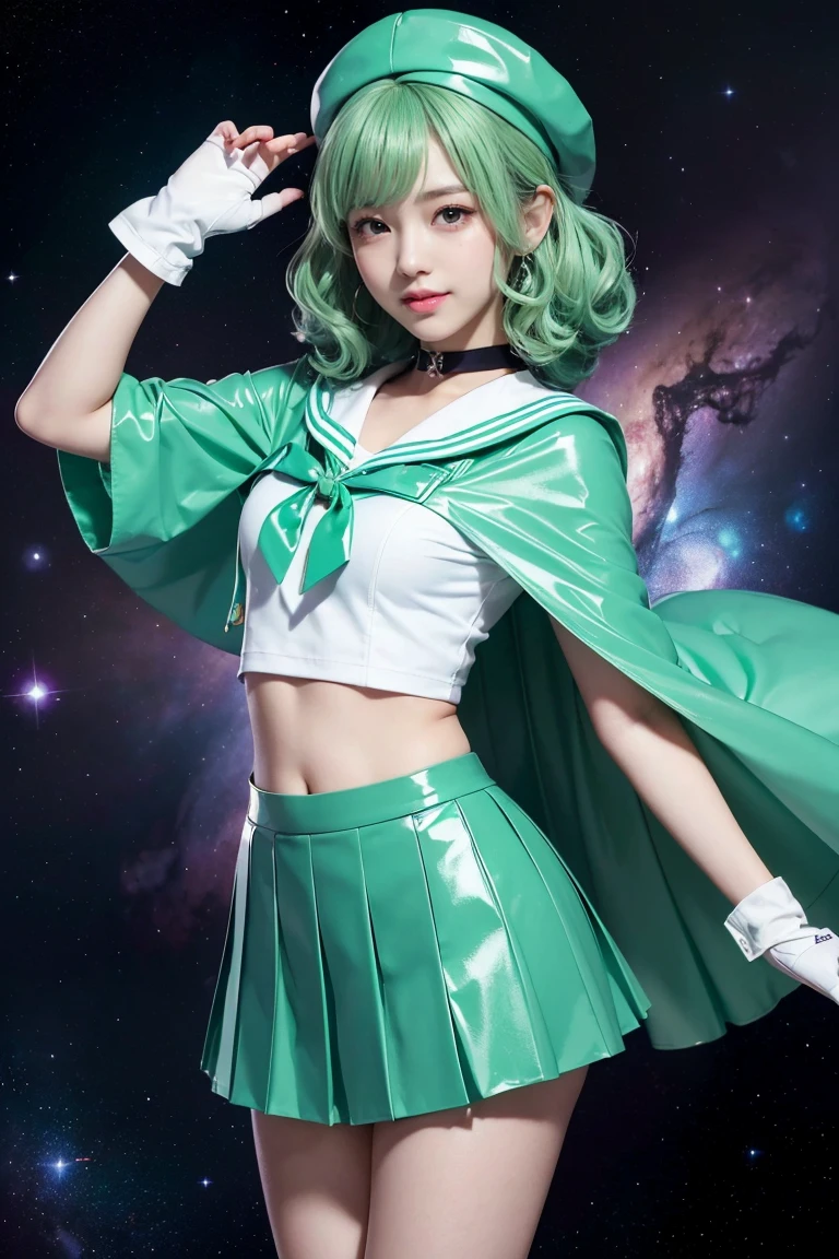 (((Mint green hair、Medium Curly Hair、beret)))、(((A Japanese girl wearing a shiny short-sleeved sailor uniform with elbow gloves and a cloak over it.,smile)))、(((Mint green latex sailor collar)))、(((Mint Green Latex Pleated Skirt)))、choker、Earrings、ribbon、((belly button))、 (((Sailor Warrior Uniforms)))、、Beautiful ornaments: 美しいPerfect Face, Soft Skin、Perfect Face, Intricate details, Splash screen, 8k resolution, masterpiece, Cute Face、(((Space Background)))、Queen of Queens、(masterpiece, Highest quality, Highest quality, Official Art, Beauty and aesthetics: 1.2), (One girl: 1.3)